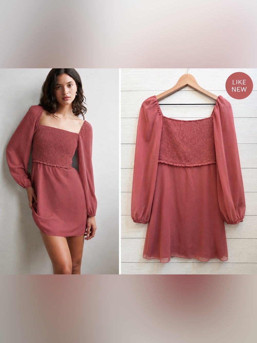 Aritzia Wilfred Villa Smocked Long Sleeve Mini Dress Size 2 Dusty Rose